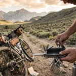 best bike multi-tools for bikepacking - bikepacker using multi-tool trailside in the mountains