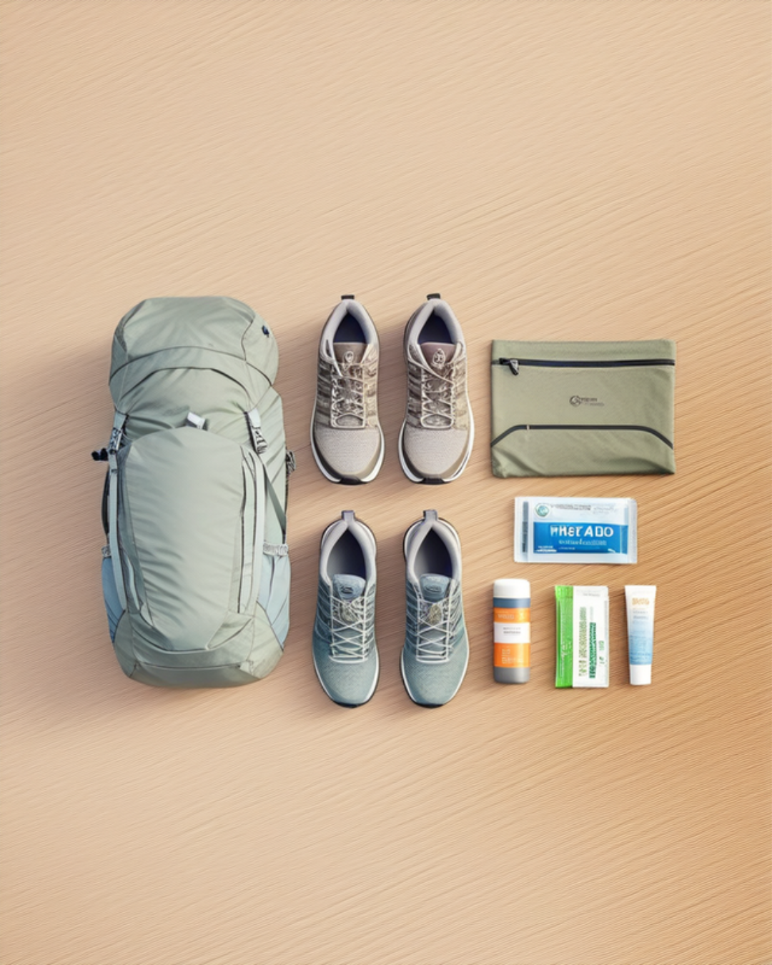 Hiking gear laid out on the ground — beginner trail kit including backpack, shoes, water bottle, and first aid