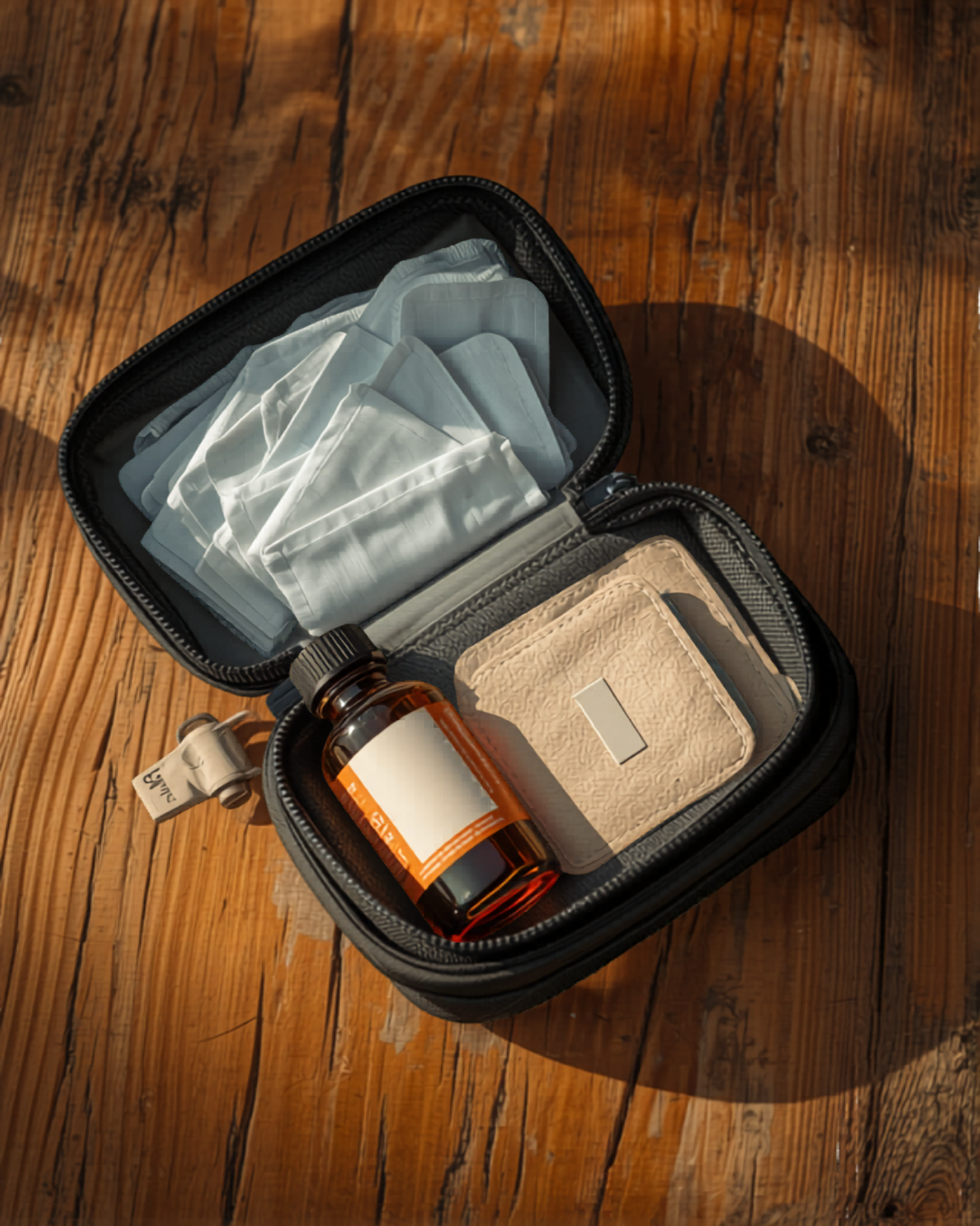 Compact hiking first aid kit with bandages, blister pads, and antiseptic wipes — a must for every trail pack