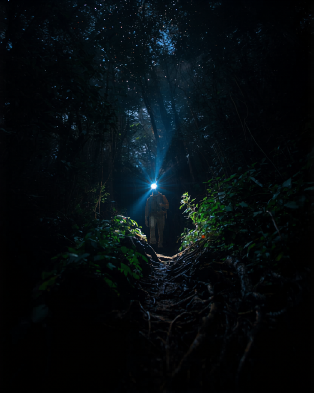 Headlamp worn by a hiker for hands-free lighting on night hikes and early morning starts