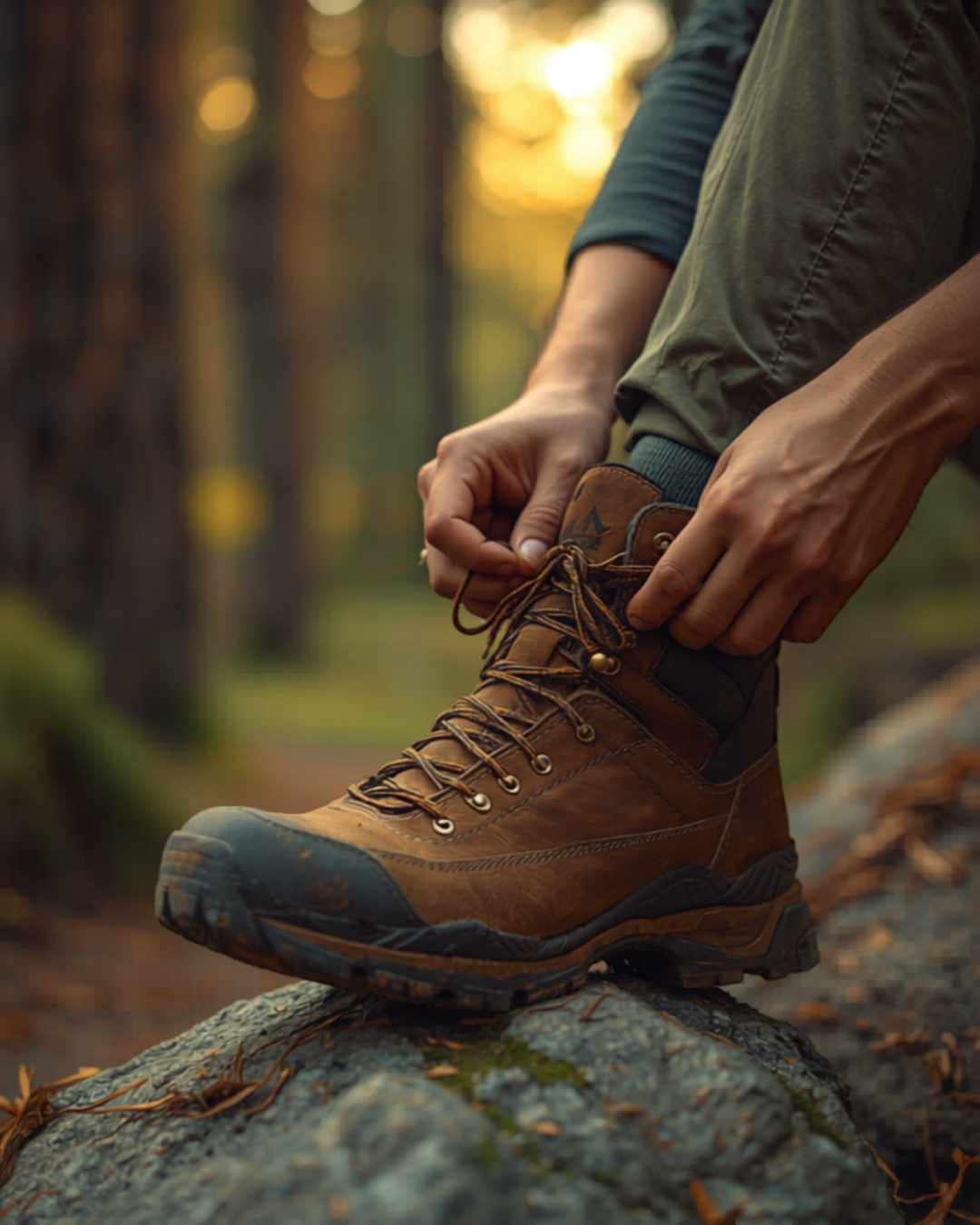 Beginner hiker lacing up trail shoes at a trailhead — ready to start a hike with all the essential gear