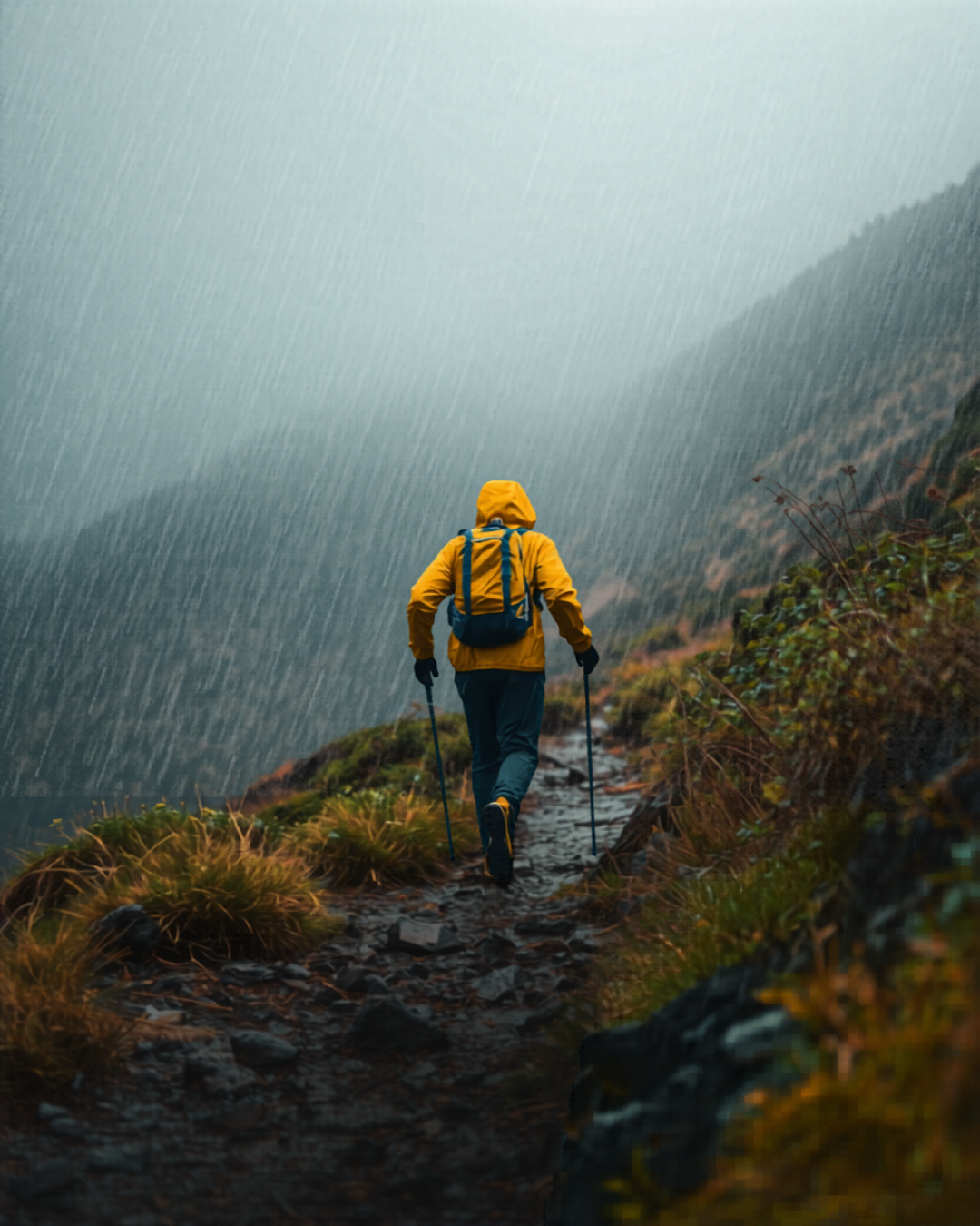 Hiker wearing a packable rain jacket on a trail — an essential extra layer for unpredictable weather