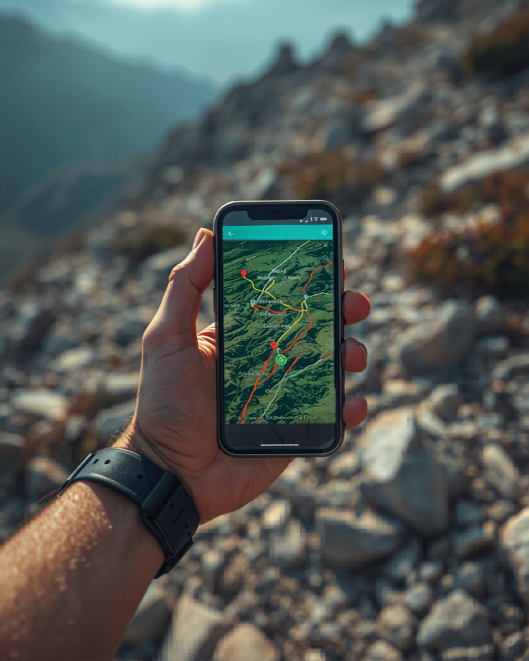 Hiker using AllTrails navigation app on a smartphone — download offline maps before your hike