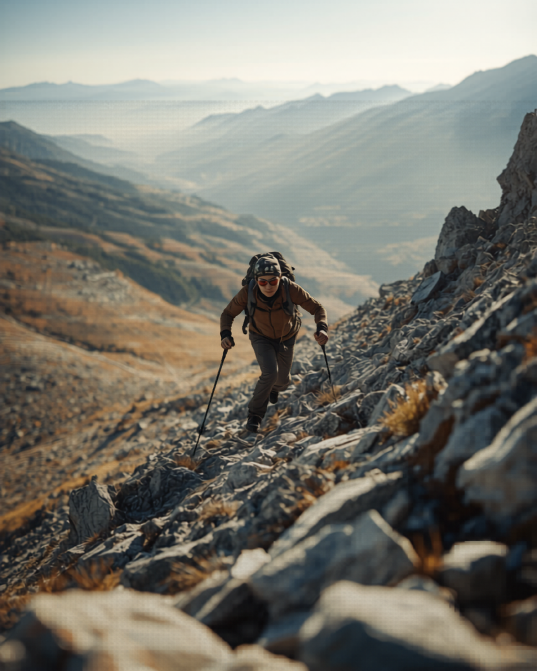 Hiker using collapsible trekking poles on a mountain trail — great for knee support and steep descents