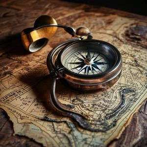 Vintage brass compass resting on a folded topographic trail map with a small headlamp beside it