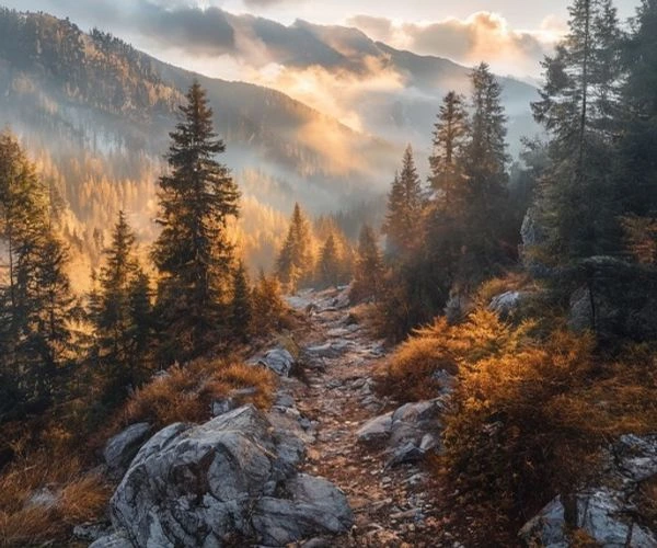 Hiking for beginners trail guide — wide mountain path through pine forest at golden hour with misty peaks