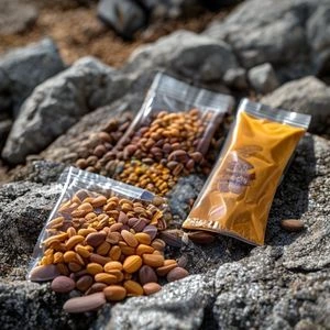 Trail mix, energy bars, dried mango, and chocolate chips spread on a wooden surface for hiking snacks
