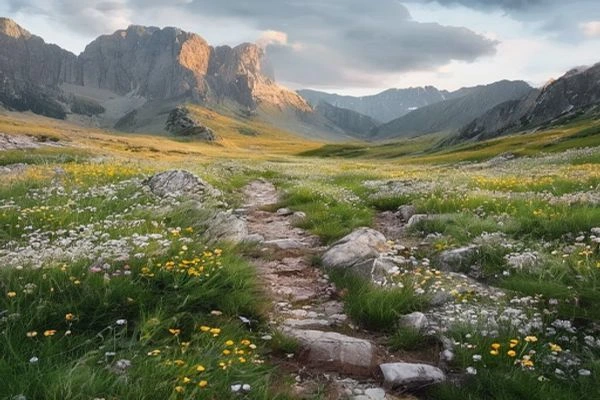 pristine mountain trail through wildflower meadow demonstrating leave no trace principles