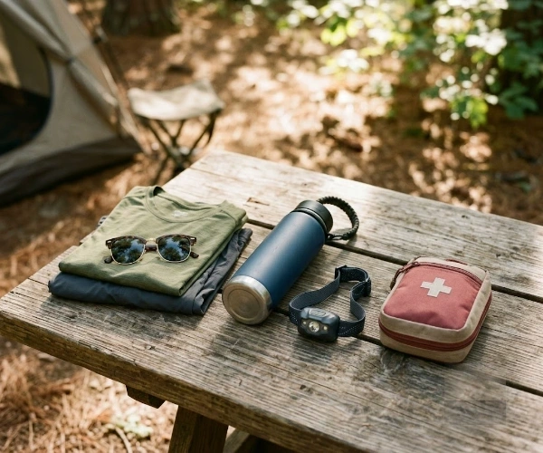 summer camping gear flatlay