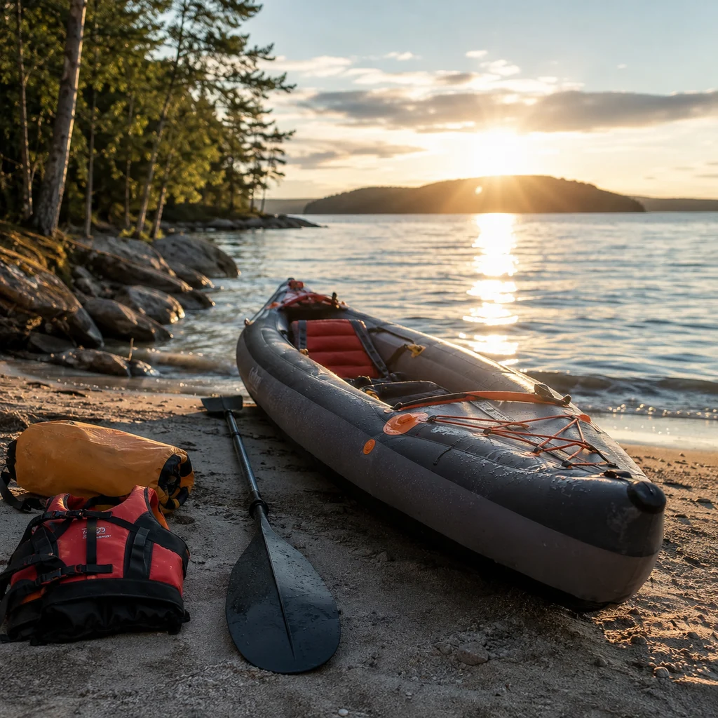 Inflatable kayak pulled up on a sandy shore with a dry bag beside it