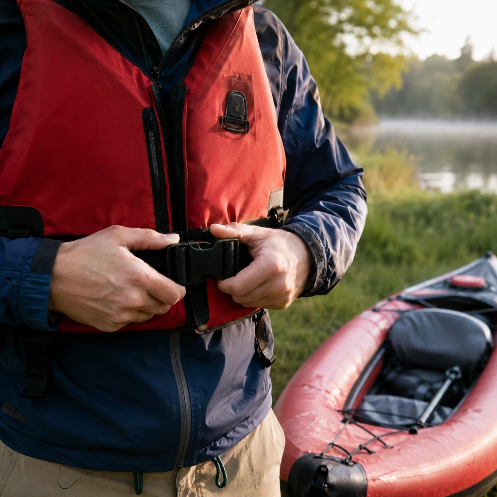 Buckling a life jacket beside an inflatable kayak on a grassy bank