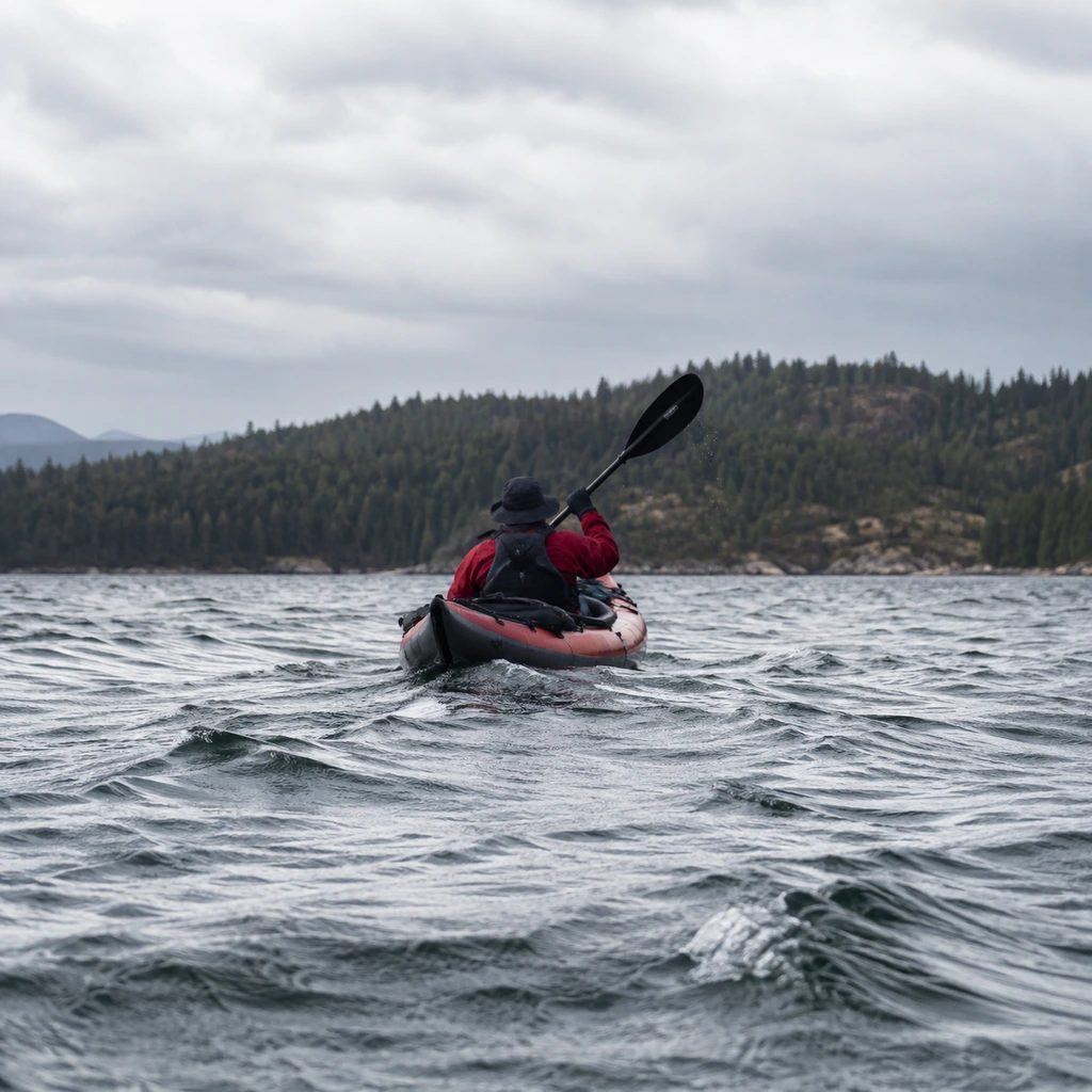 Wind ripples on open lake water with a kayak paddling back to shore