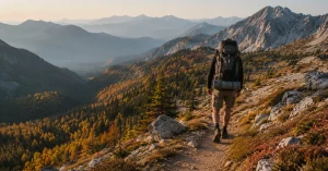 Backpacking for beginners, a hiker with a loaded pack on a mountain trail in autumn