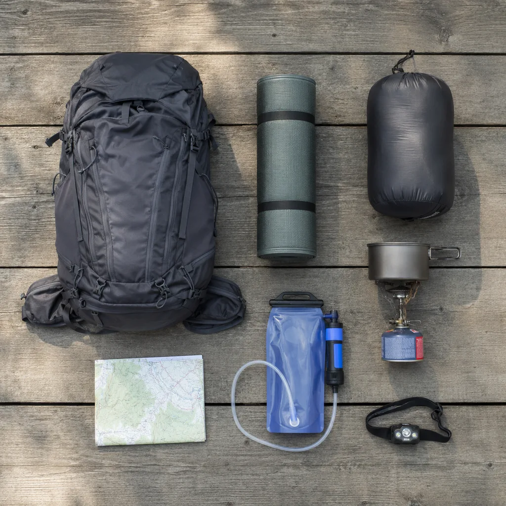 Flat lay of backpacking gear with pack, sleeping mat, stove and water filter