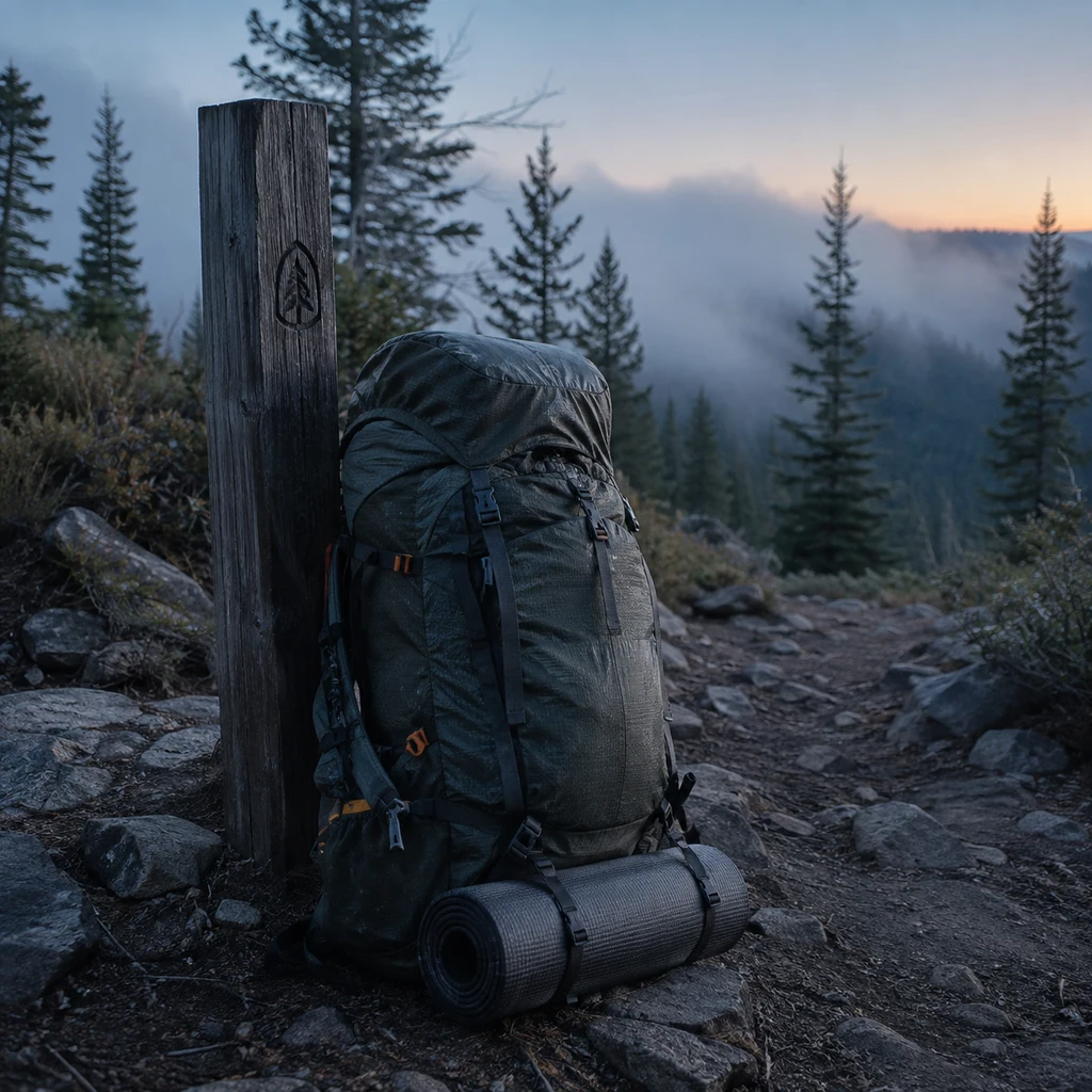 Backpacking for beginners, a loaded pack beside a trail marker at first light