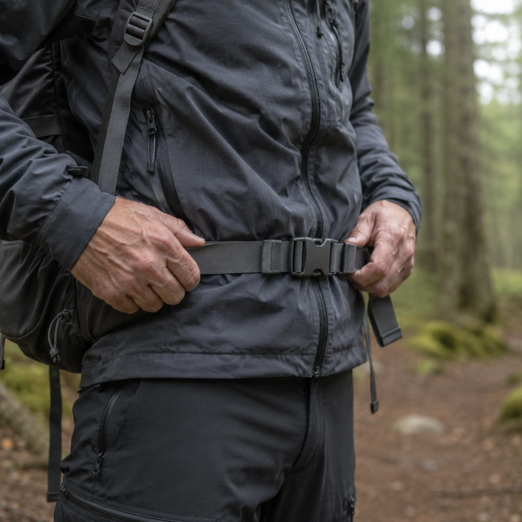 Hands tightening the hipbelt of a loaded backpacking pack on the trail