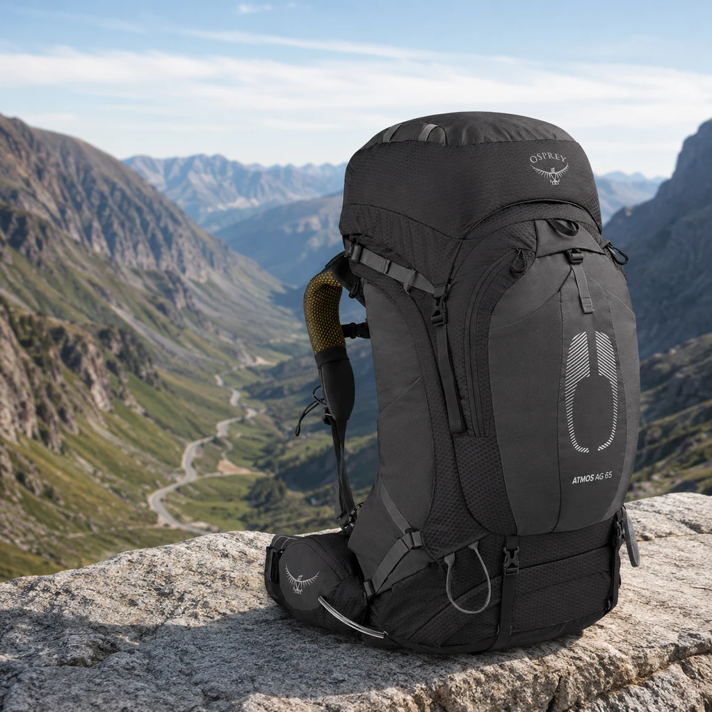 Osprey Atmos AG 65 backpacking pack on a granite ledge at a mountain pass