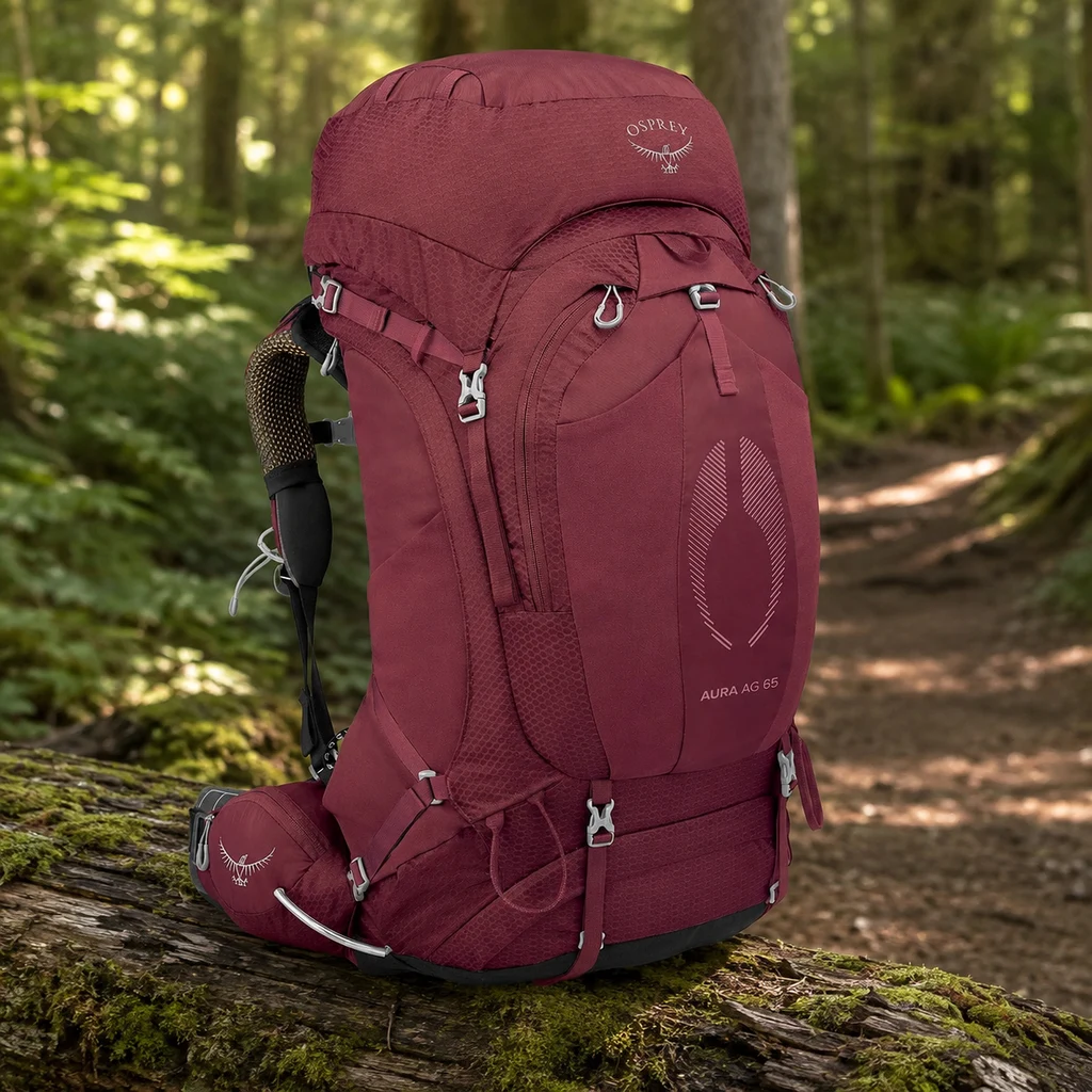 Osprey Aura AG 65 women's backpacking pack on a mossy log by a woodland trail