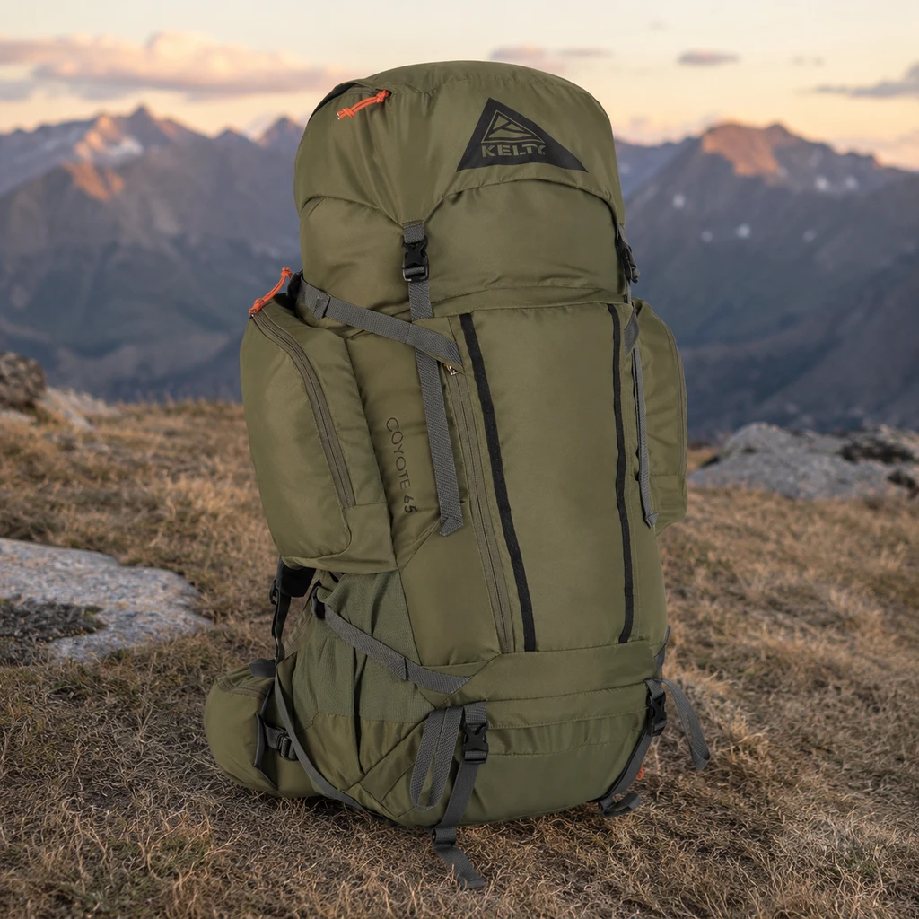 Kelty Coyote 65 backpacking pack standing on dry grass at a high camp