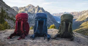 The best backpacking backpacks lined up on a rock ledge at a mountain pass