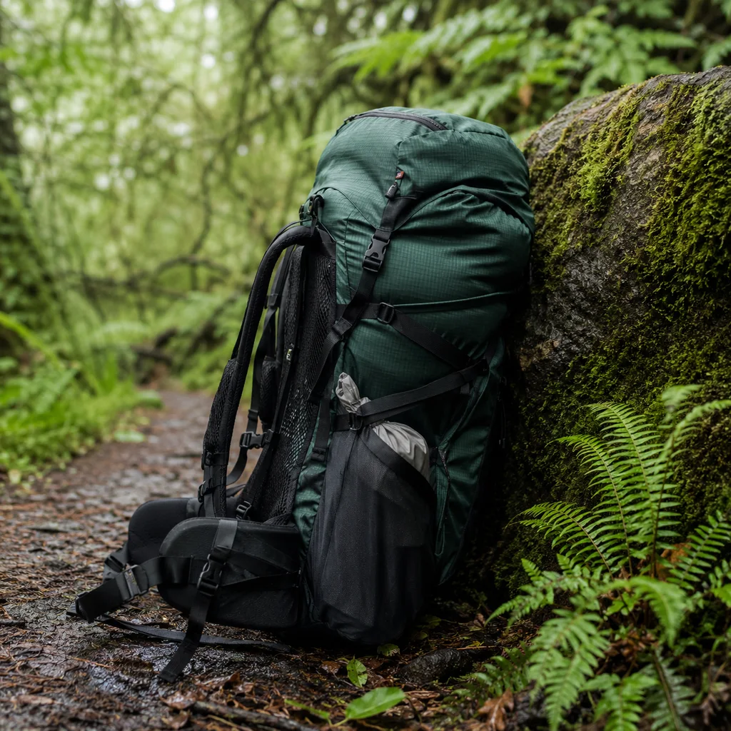 The best backpacking backpacks, a loaded pack propped against a mossy boulder