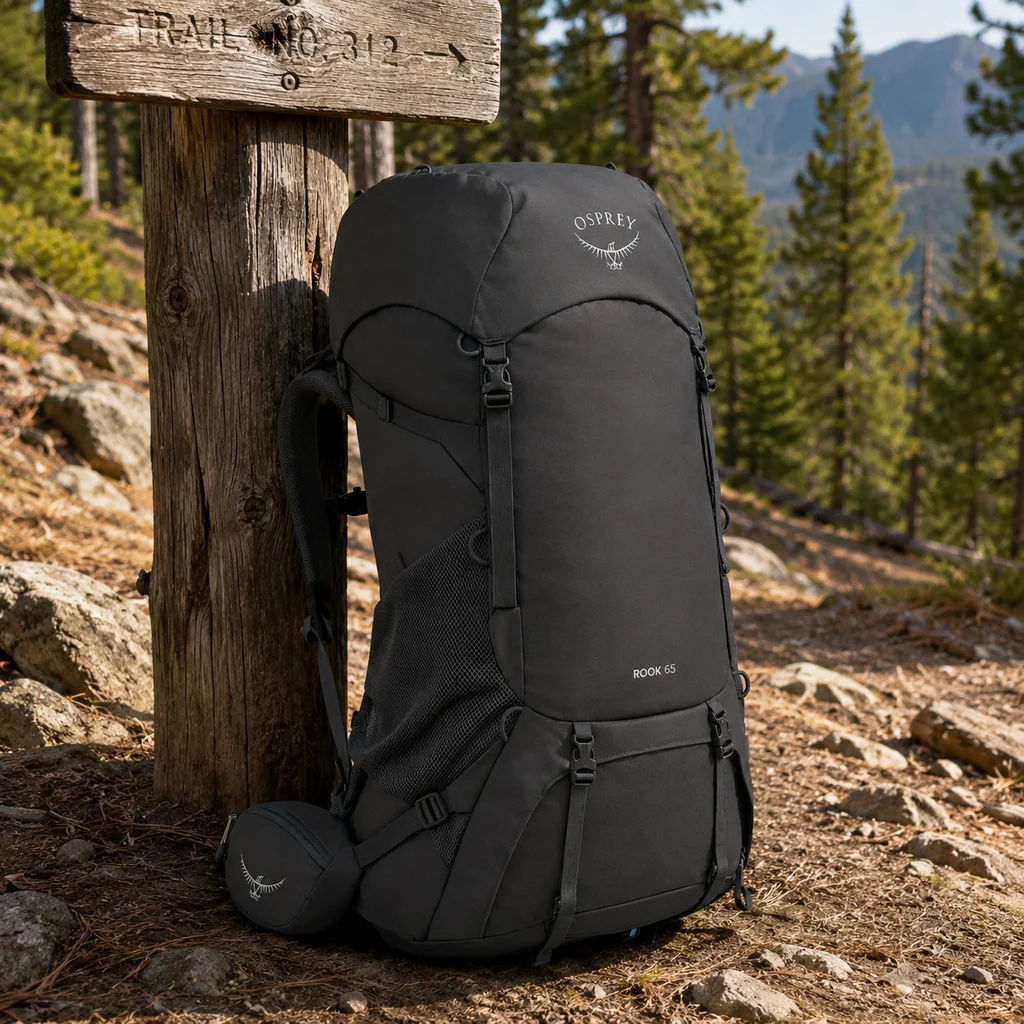 Osprey Rook 65 backpacking pack propped against a wooden trail signpost