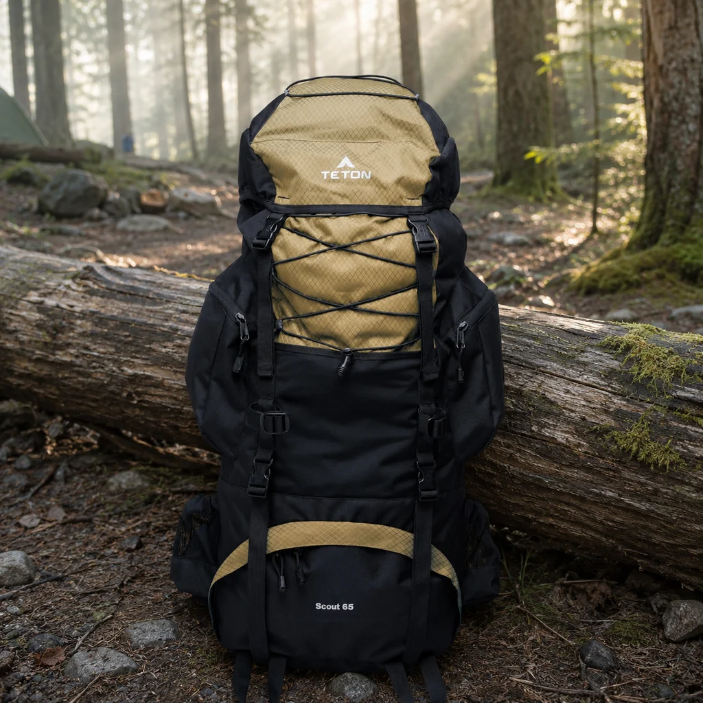 Teton Scout 65 backpacking pack leaning against a log at a forest campsite