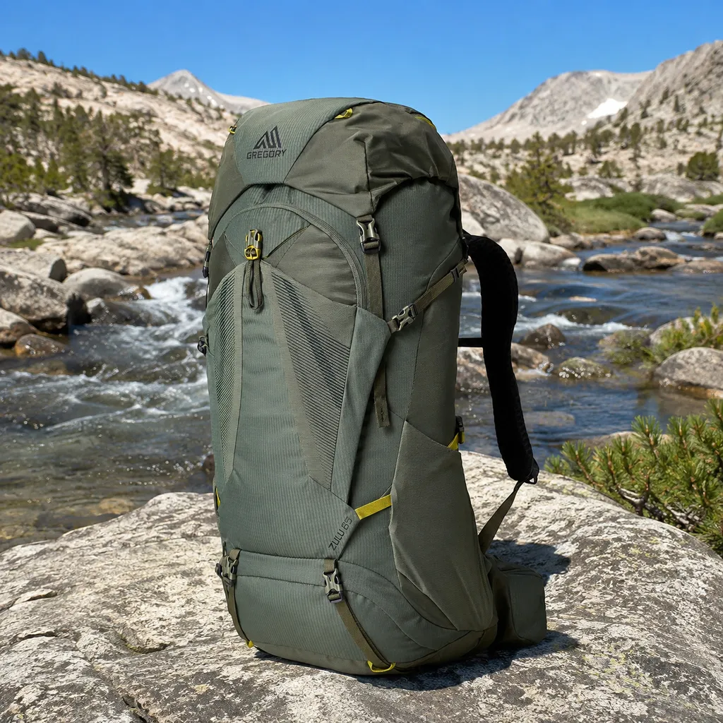 Gregory Zulu 65 backpacking pack on a sunlit rock slab beside an alpine stream
