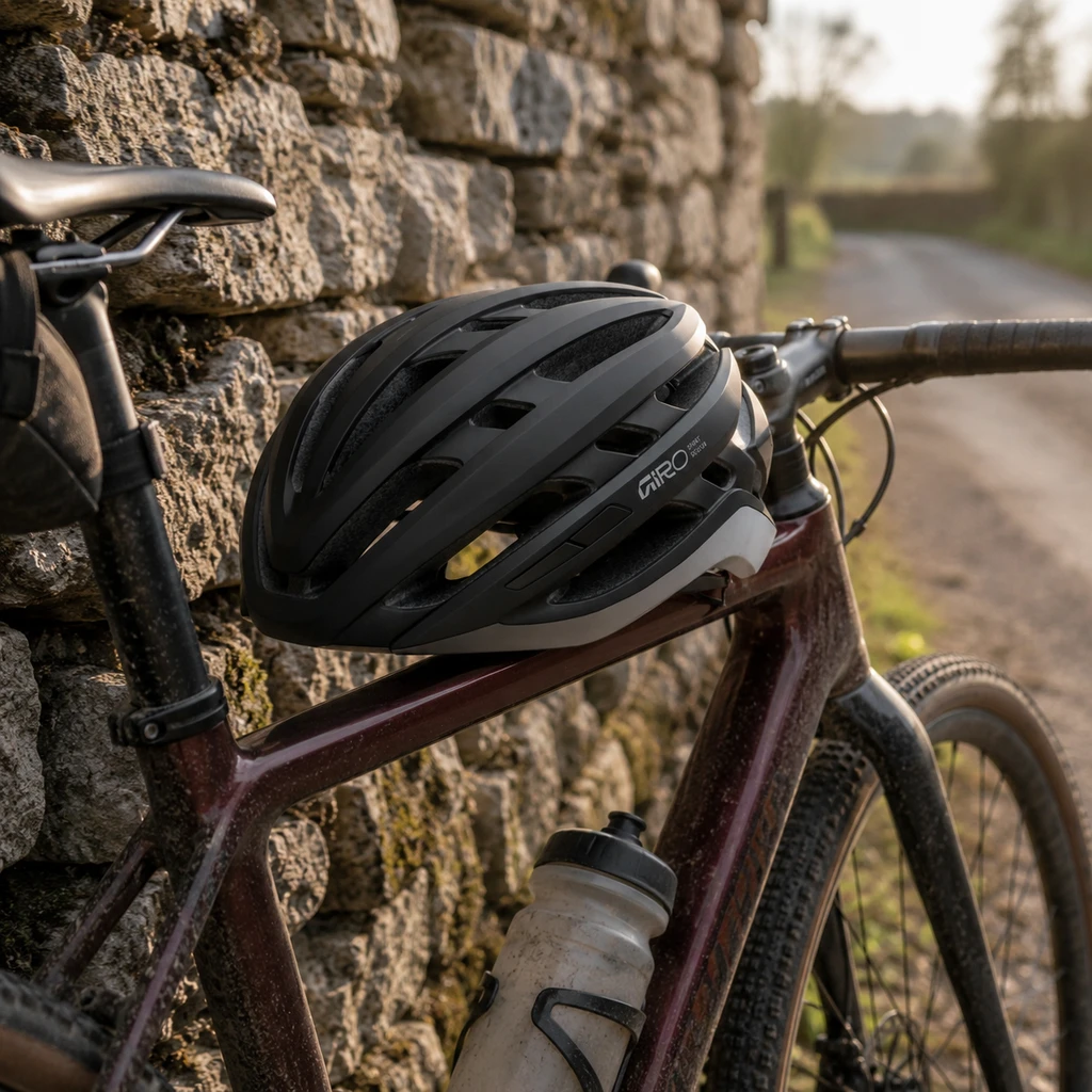Giro Agilis MIPS helmet resting on the top tube of a gravel bike by a stone wall