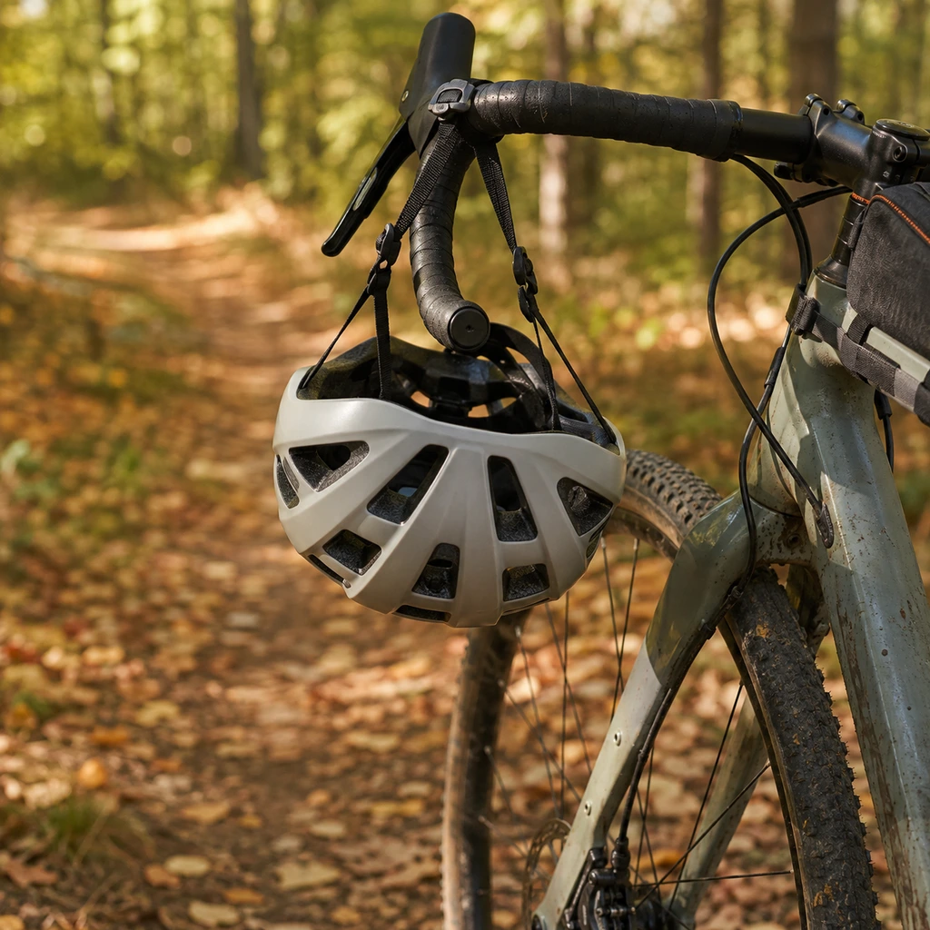 Comparing the best bike helmets, one hanging from gravel bike handlebars on a trail