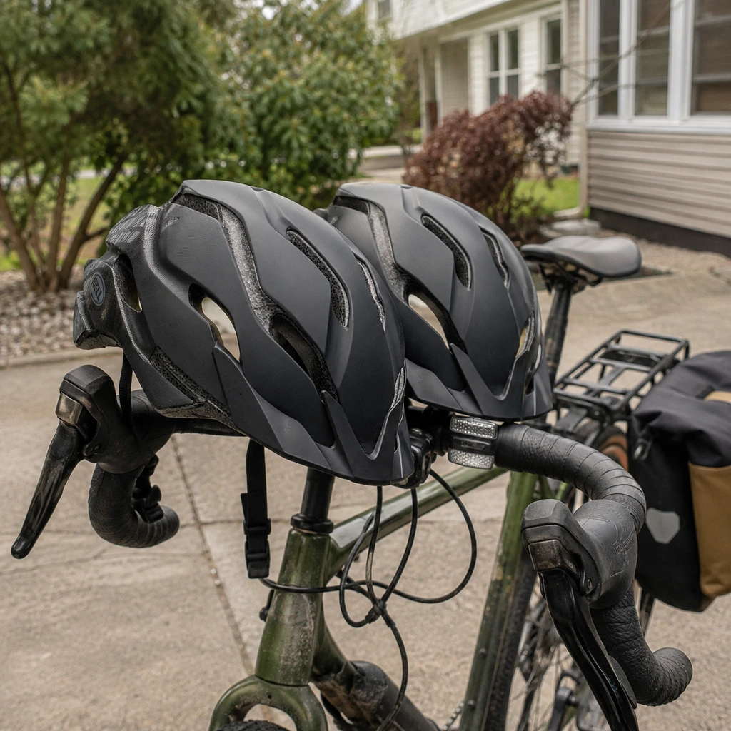 Bell Revolution MIPS helmet resting on bike handlebars in soft overcast light