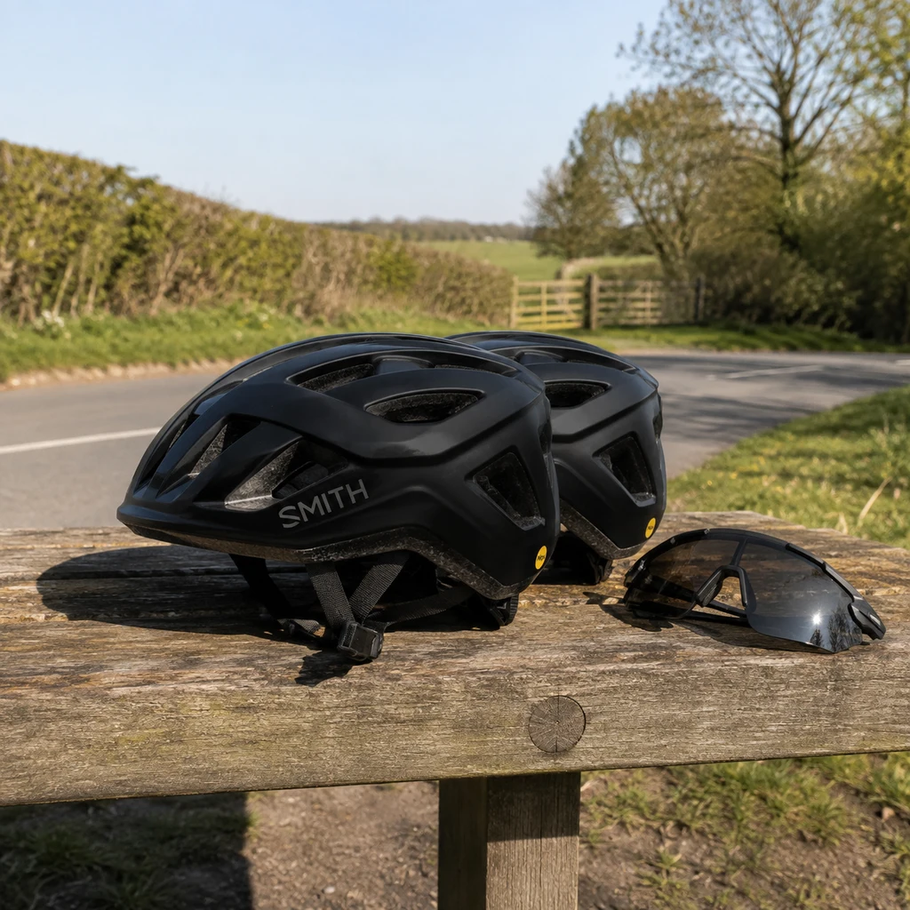 SMITH Signal MIPS helmet on a wooden bench beside a pair of cycling sunglasses