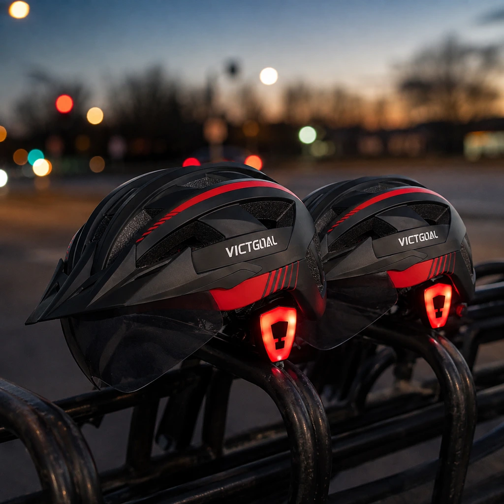 VICTGOAL helmet on a bike rack at dusk with its rear LED light glowing red