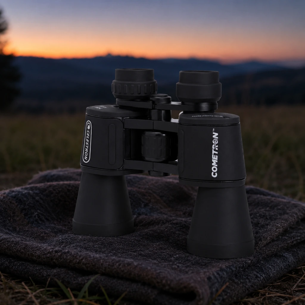 Celestron Cometron 7x50 binoculars on a wool blanket at dusk