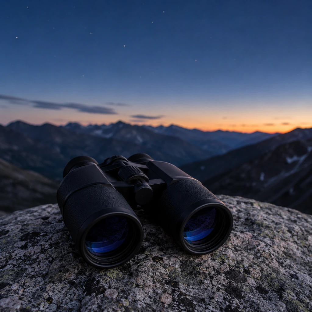 The best binoculars for stargazing, a pair resting on a granite boulder at blue hour