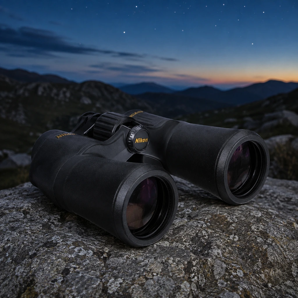 Nikon Aculon A211 10x50 binoculars on a granite boulder at blue hour