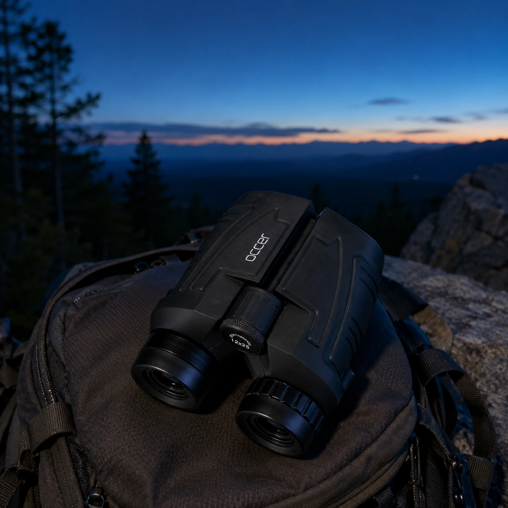 Occer 12x25 compact binoculars resting on a daypack at twilight
