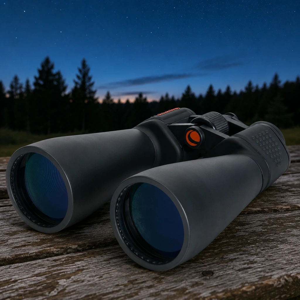 Celestron SkyMaster 15x70 binoculars on a picnic table at twilight