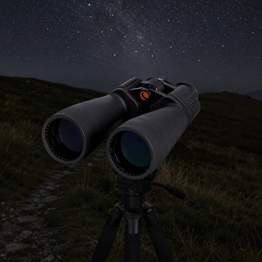 Celestron SkyMaster 25x70 binoculars mounted on a tripod at night