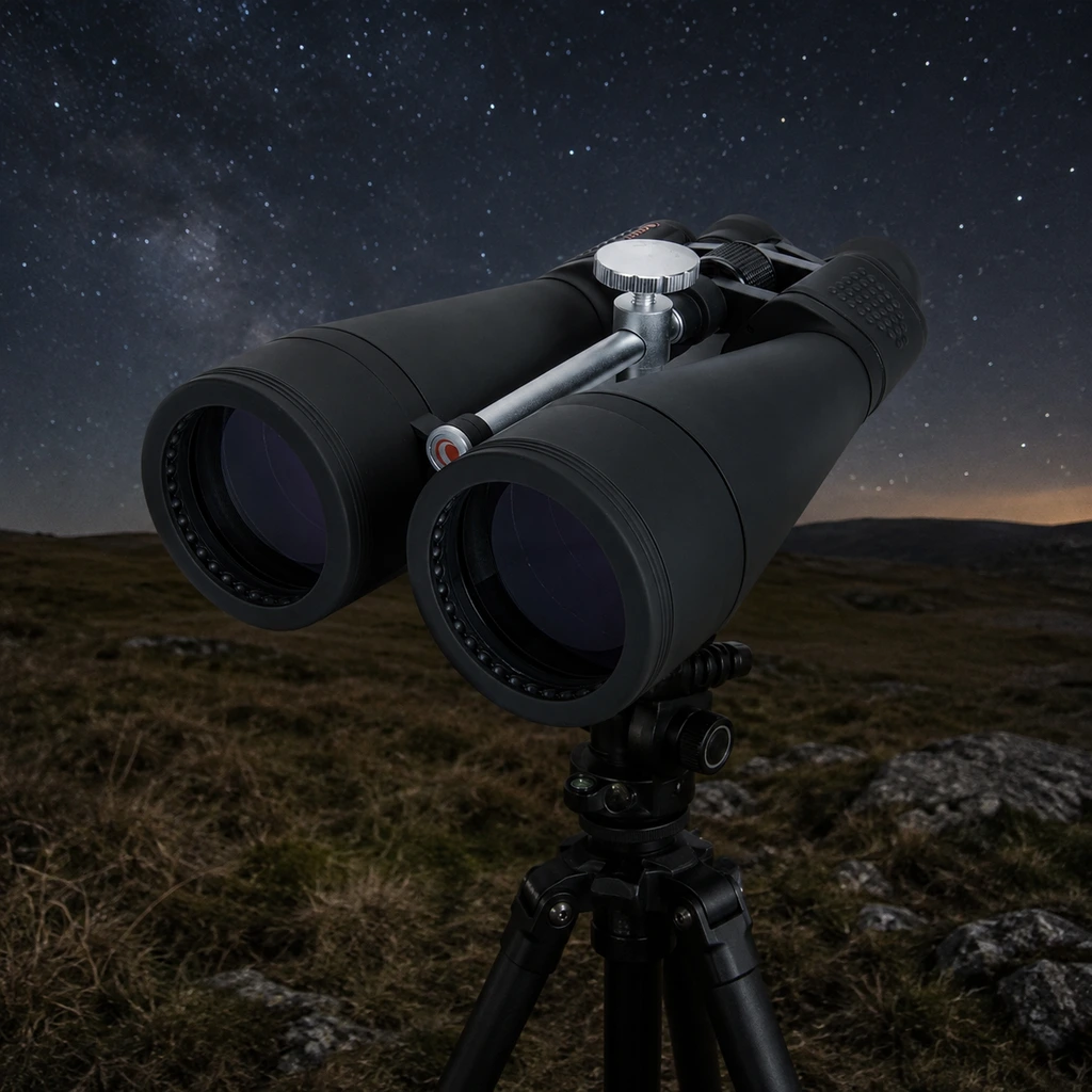 Celestron SkyMaster 20x80 binoculars on a tripod under a starry sky