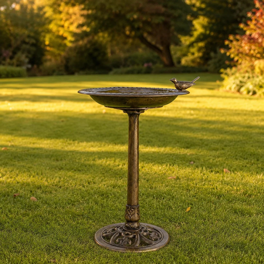 Large polyresin pedestal bird bath on a wide lawn at golden hour