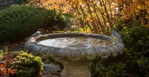 Songbirds perched on a stone pedestal bird bath rim in an autumn garden