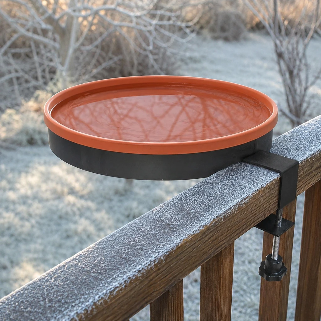 Heated bird bath mounted on a wooden deck rail on a frosty winter morning