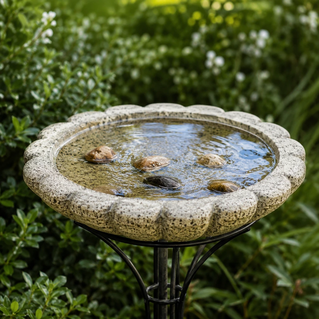 Comparing the best bird baths, a shallow stone basin with pebbles for footing