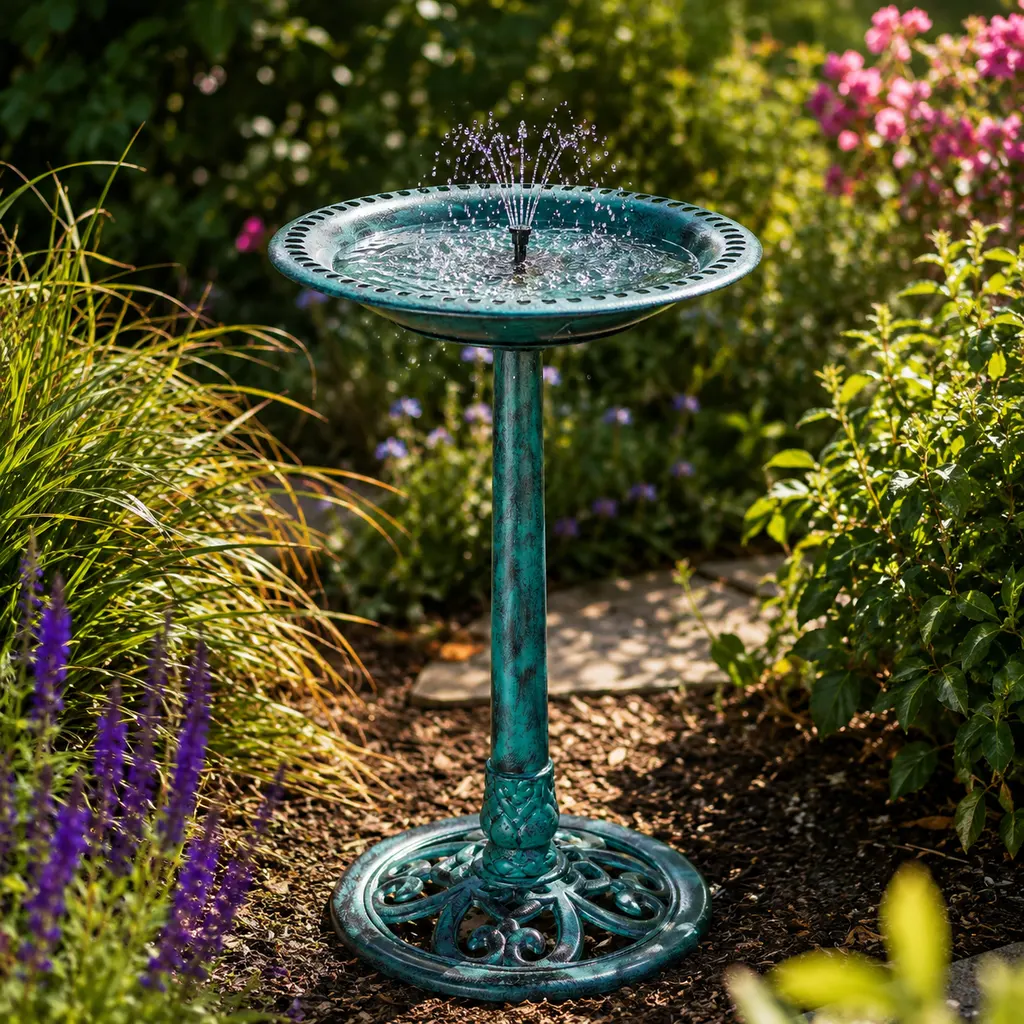 Pedestal bird bath with a solar fountain running in a sunny garden border