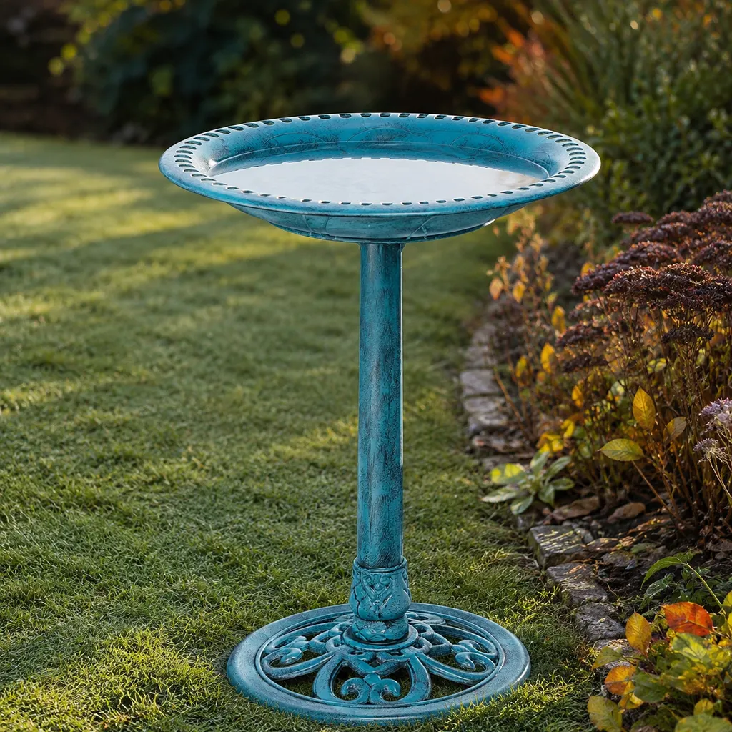 Polyresin pedestal bird bath standing on a lawn beside an autumn garden border
