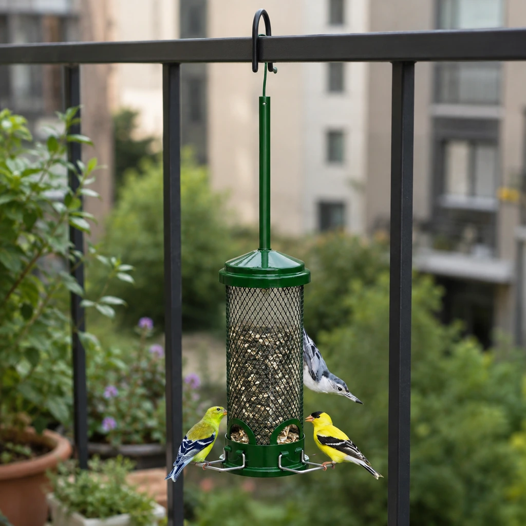 Compact squirrel proof feeder hanging from a balcony rail beside potted plants