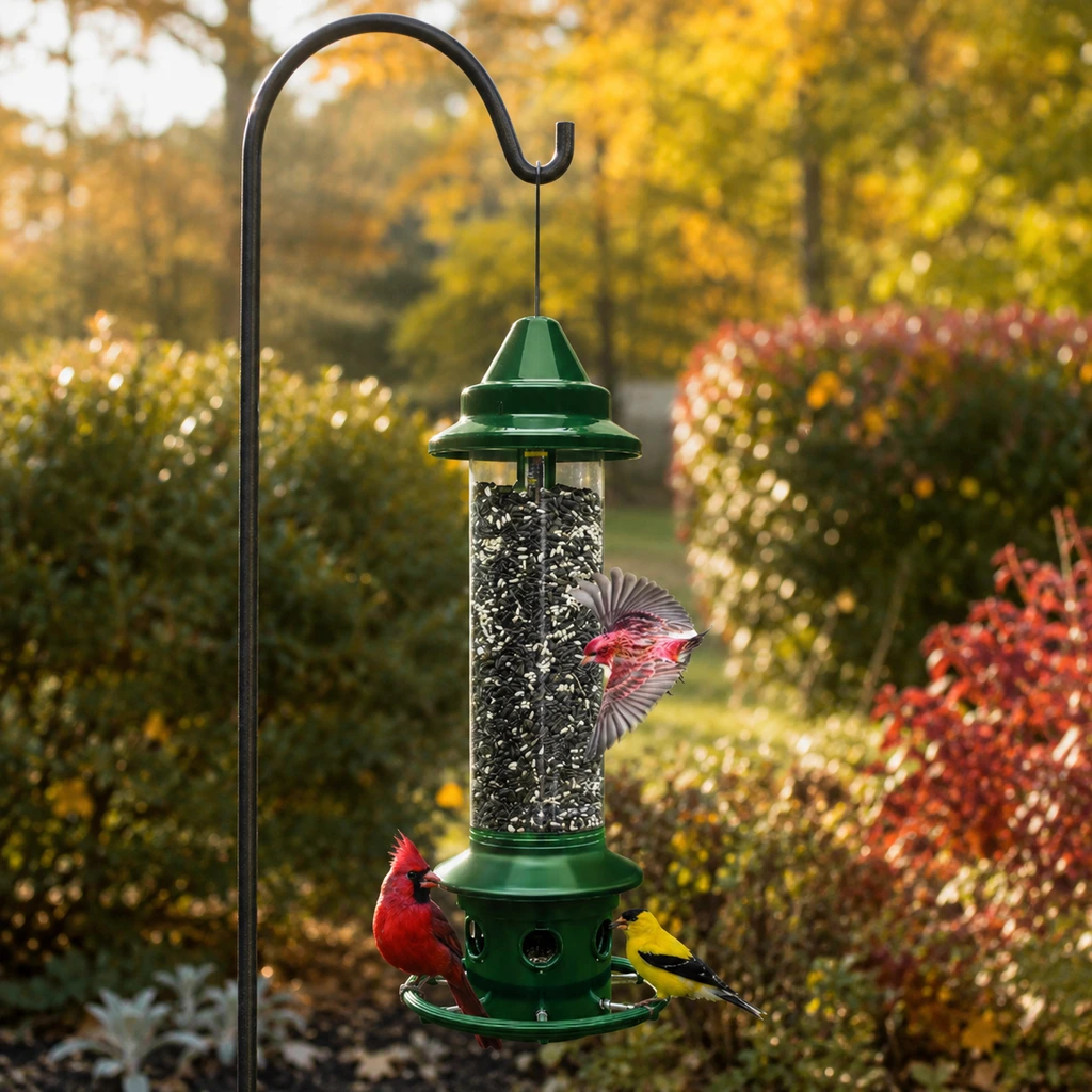 Squirrel proof tube feeder hanging from a shepherd hook in an autumn garden border