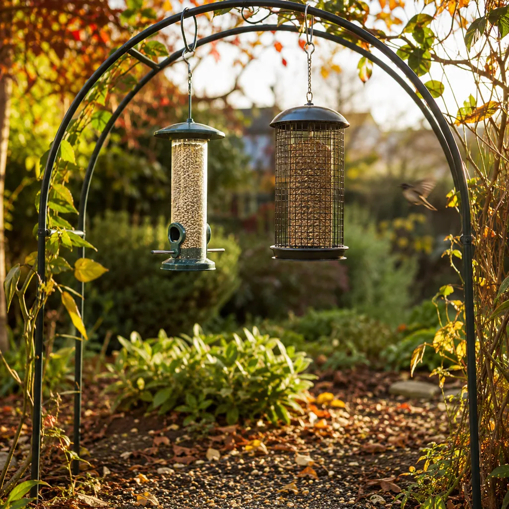 Comparing the best bird feeders, two hanging side by side from a garden arch
