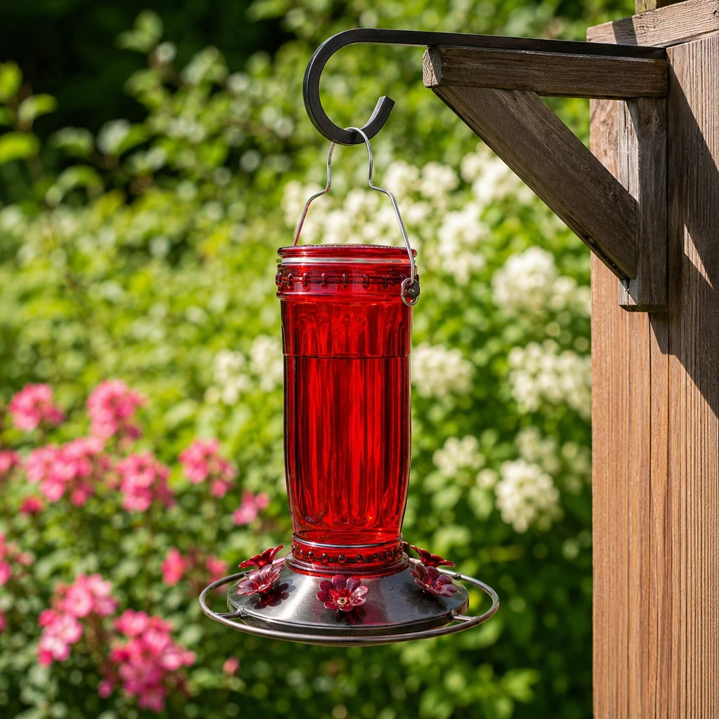 Red glass hummingbird nectar feeder hanging from a wooden deck hook by flowers